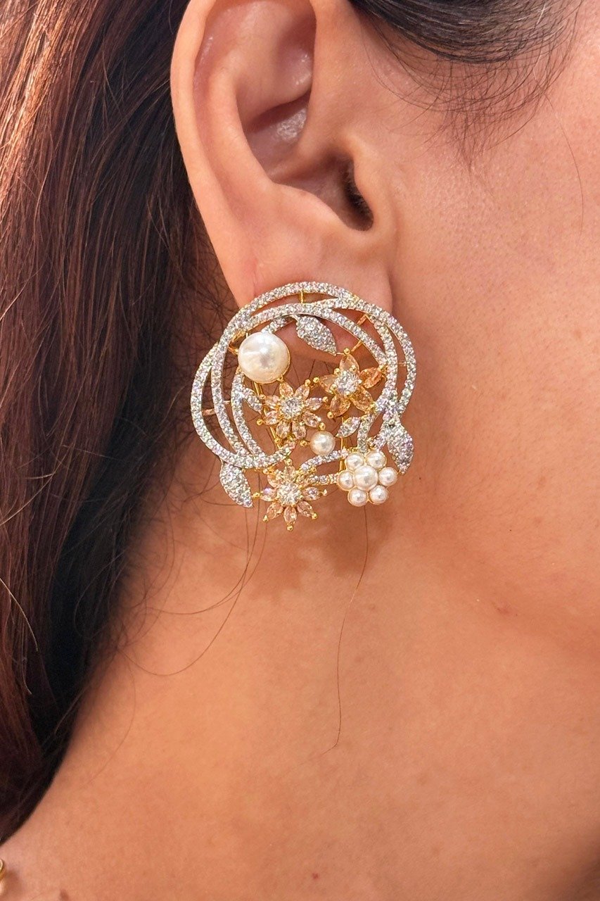 Eliza Gold Silver Pearl Zircon Earrings